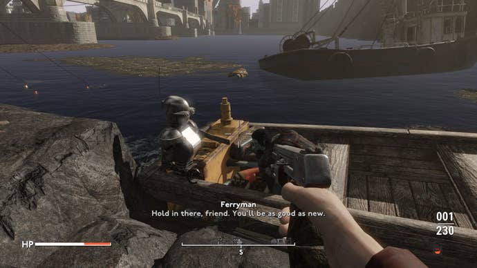 The player speaks with the Ferryman at the docks in Fallout 4 mod, Fallout London