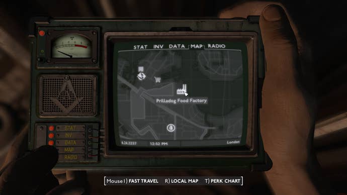 The location of the Prilladog Food Factory is shown on the Pip Boy in Fallout 4 mod, Fallout London