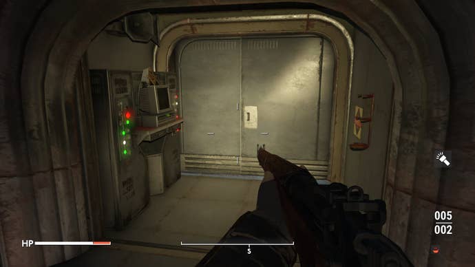 The player looks towards a terminal and locked door in the Angel Lab in Fallout 4 mod, Fallout London
