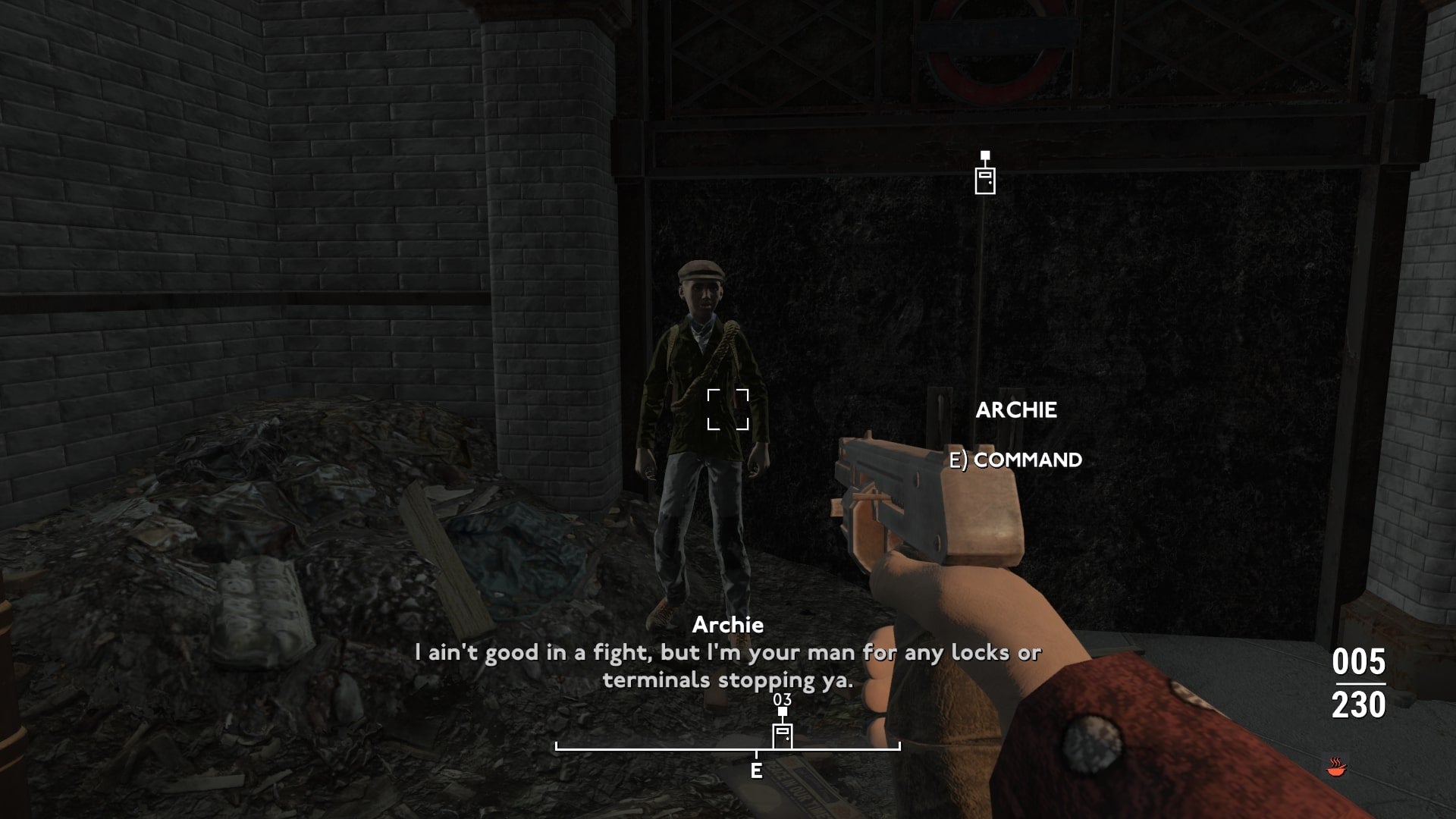 The player (unintentionally) aims their gun at Archie while speaking to themin Fallout 4 mod, Fallout London - 1