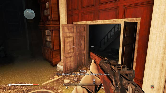 The player looks at a stairwell leading to the second floor of the Bank of England in Fallout 4 mod, Fallout London