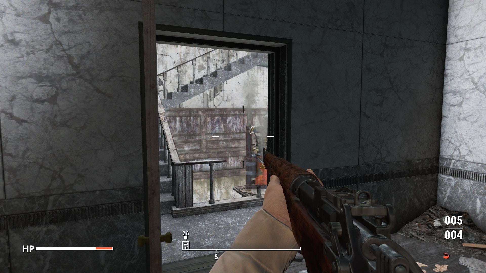 The player looks through a doorway at a stairwell with a flamethrower trap in Fallout 4 mod, Fallout London - 9