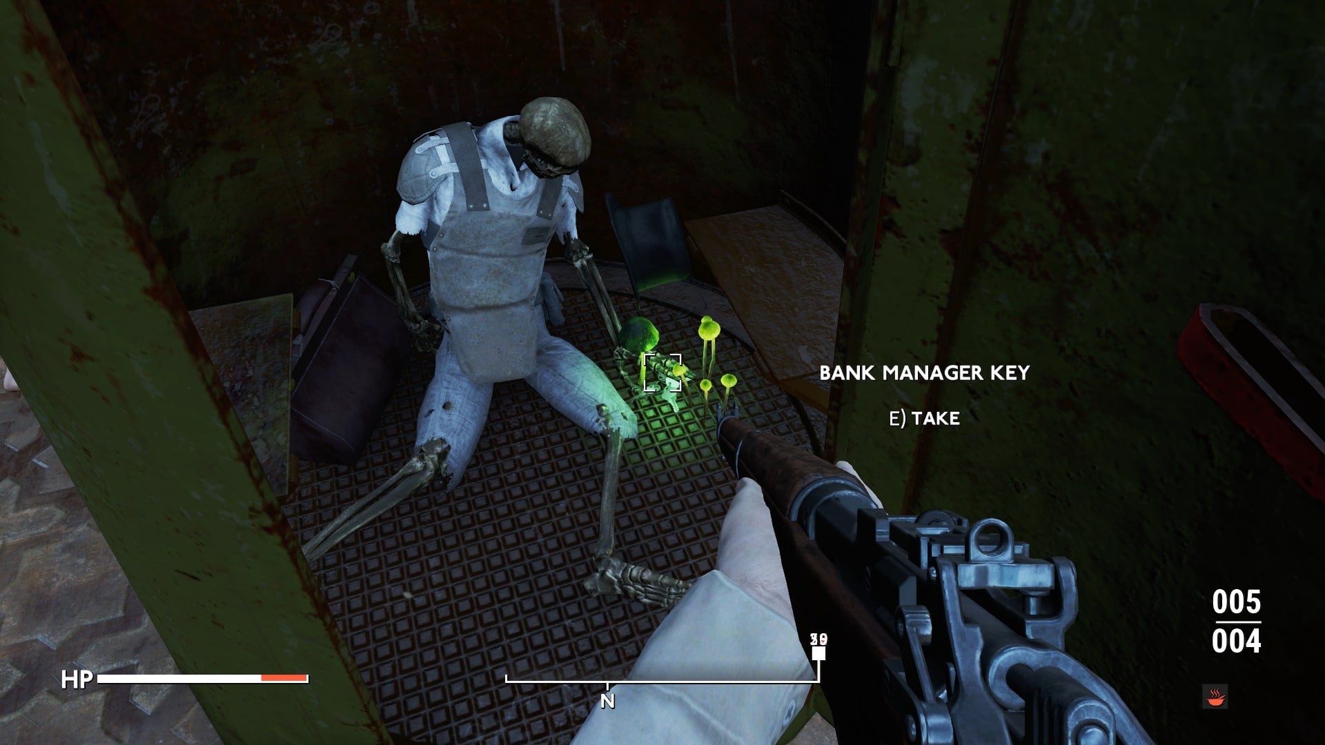 The player looks down at a corpse and the Bank Manager's Key inside a preservation pod in Fallout 4 mod, Fallout London - 13