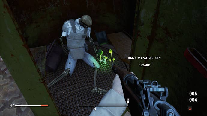 The player looks down at a corpse and the Bank Manager's Key inside a preservation pod in Fallout 4 mod, Fallout London