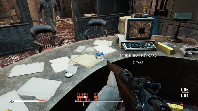 The player looks at the Bank Pindar Key Card on a desk by a terminal in the Bank of England in Fallout 4 mod, Fallout London