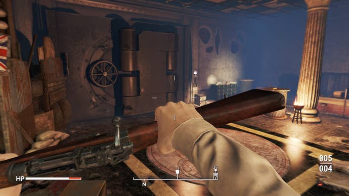 The player looks toward the entrance to the Bank of England's vault in Fallout 4 mod, Fallout London