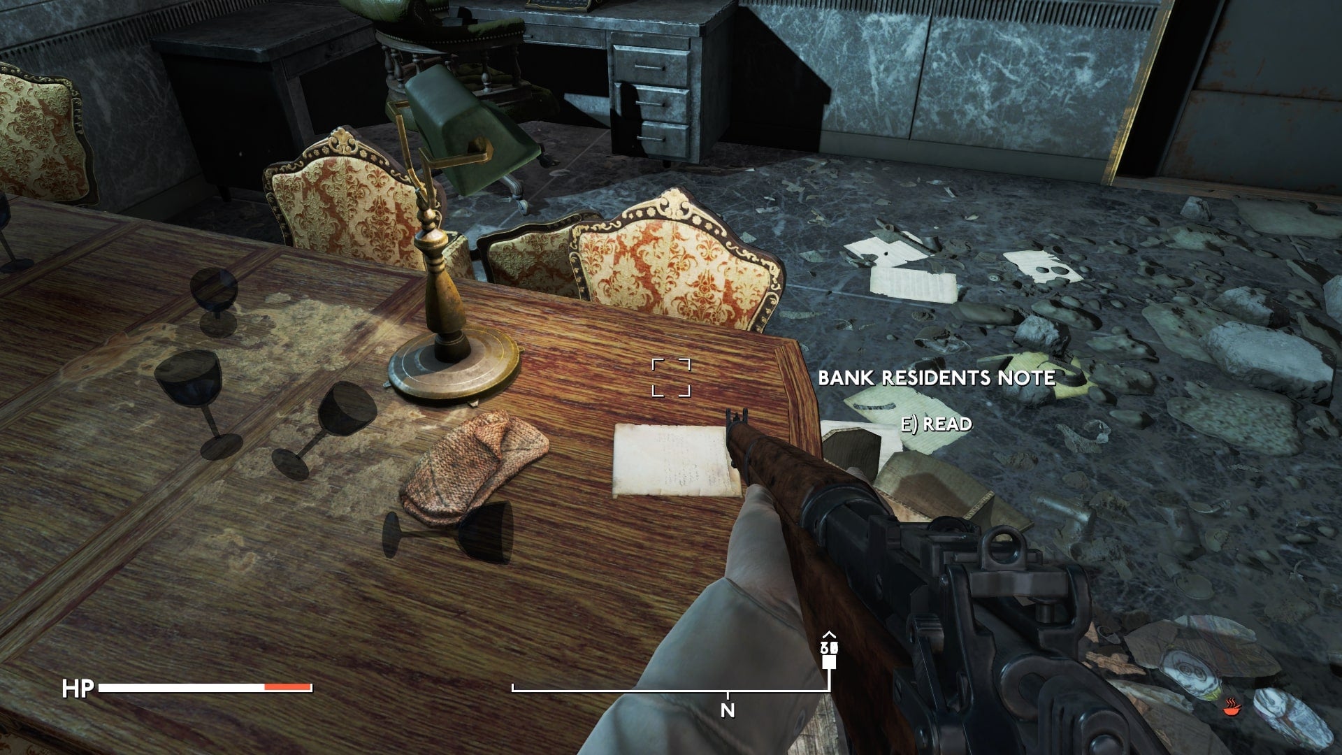 The player looks at a letter on a dining table in the Bank of England bunker in Fallout 4 mod, Fallout London - 10