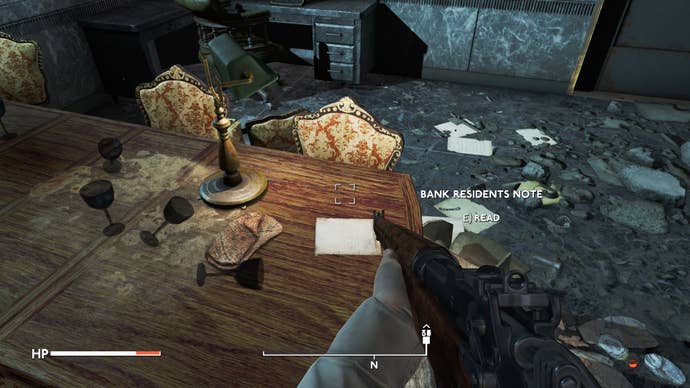 The player looks at a letter on a dining table in the Bank of England bunker in Fallout 4 mod, Fallout London