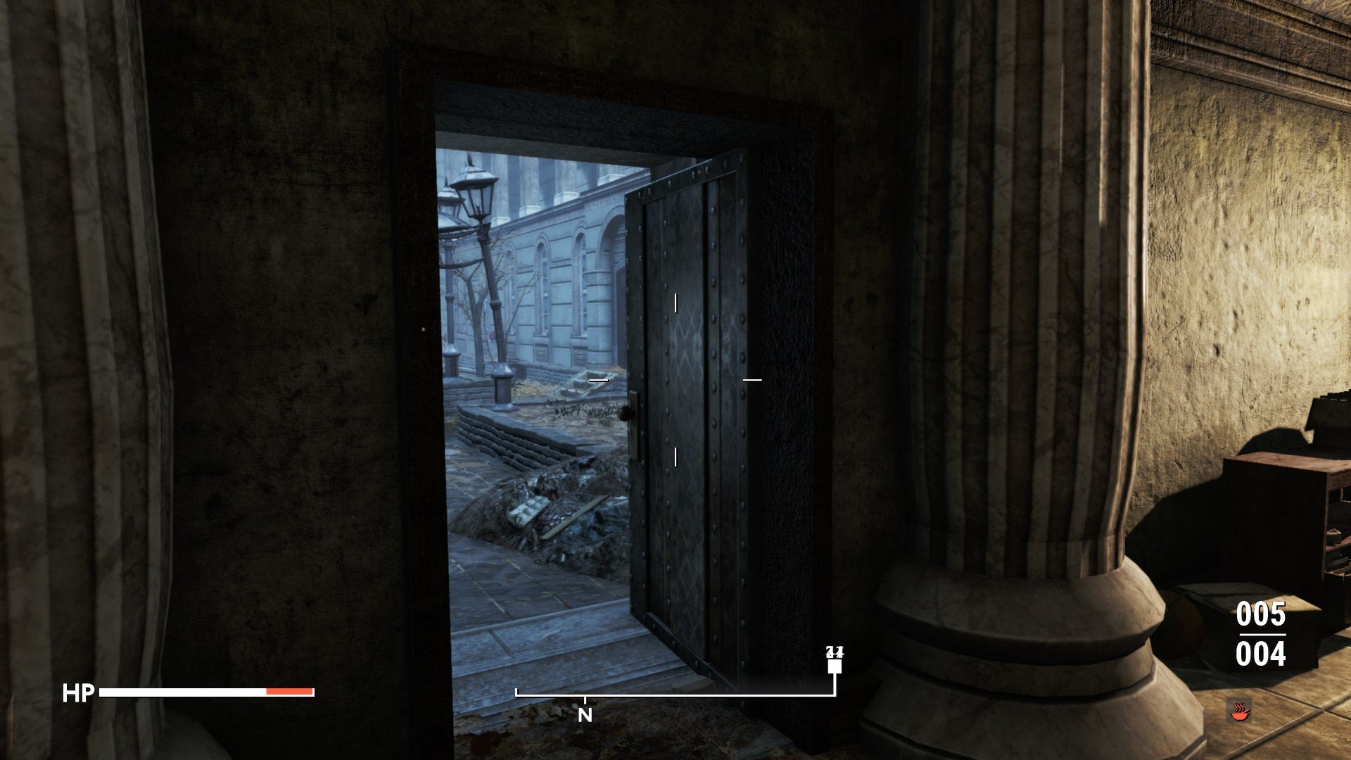The player looks at an open door leading to a small courtyard in the Bank of England in Fallout 4 mod, Fallout London - 12