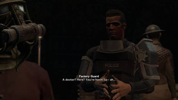 The player speaks with a Factory Guard, previous owner of Churchill, in Fallout 4 mod, Fallout London