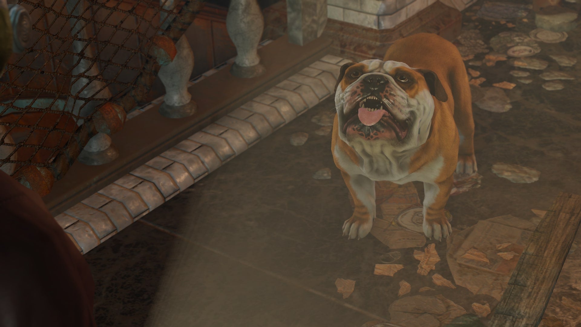 The player looks at dog companion, Churchill, in Fallout 4 mod, Fallout: London - 1