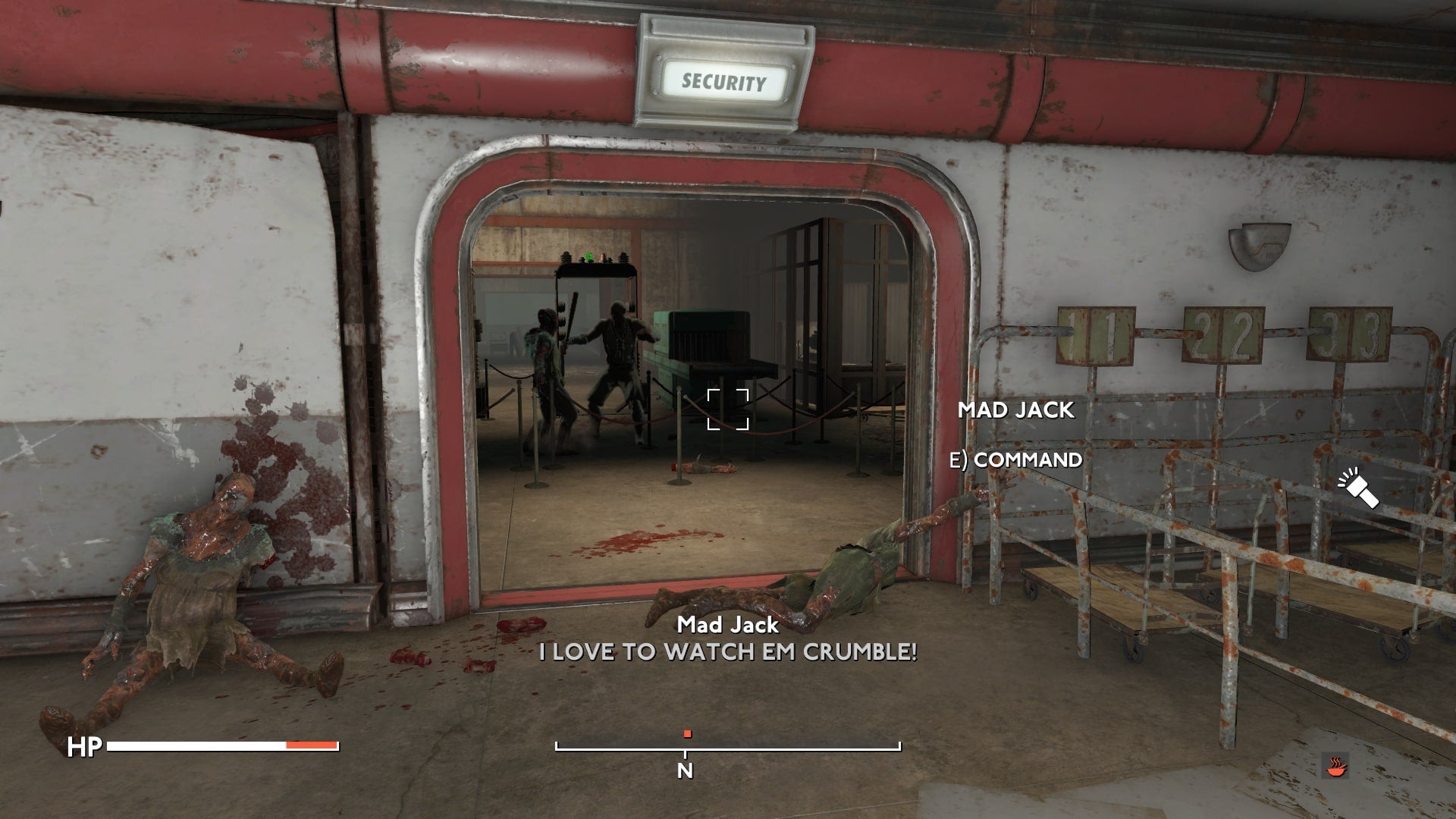 The player looks at the arrivals area of London City Aiport, where there are ghouls, in Fallout 4 mod, Fallout London - 16