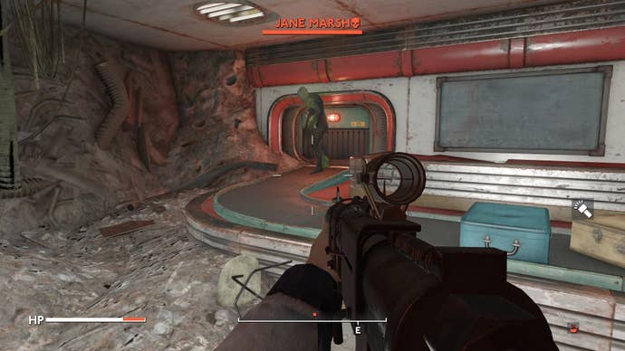 The player watches Jane Marsh emerge from a vent in the arrivals area of London City Airport in Fallout 4 mod, Fallout London