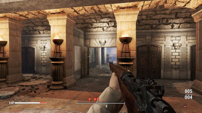 The player looks at some opened double doors leading to the Bank of England's vault in Fallout 4 mod, Fallout London
