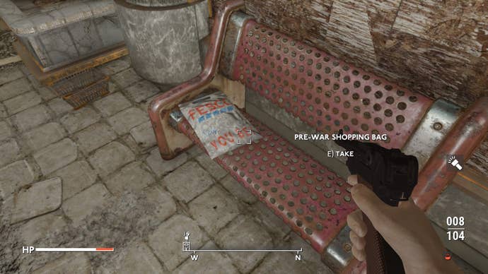 The player looks at a Fesco shopping bag on a bench in Fallout 4 mod, Fallout London