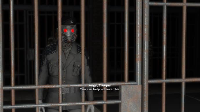 The player speaks with an Angel Trooper from their prison cell in Fallout 4 mod, Fallout London