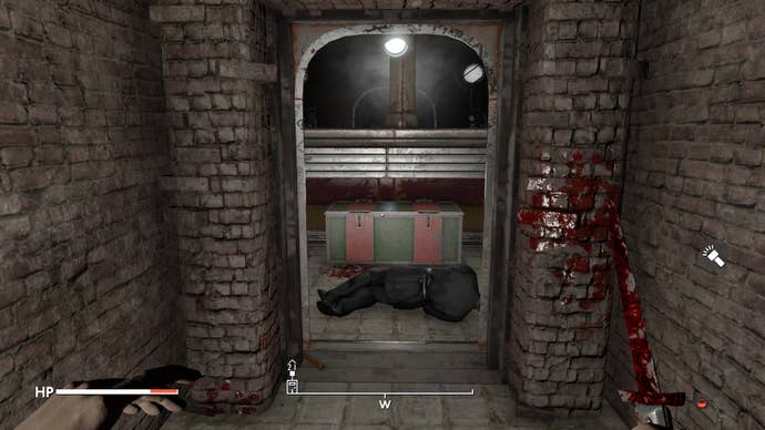 The player looks at the end of a hall where there is a dead guard and a case containing their belongings in Fallout 4 mod, Fallout London