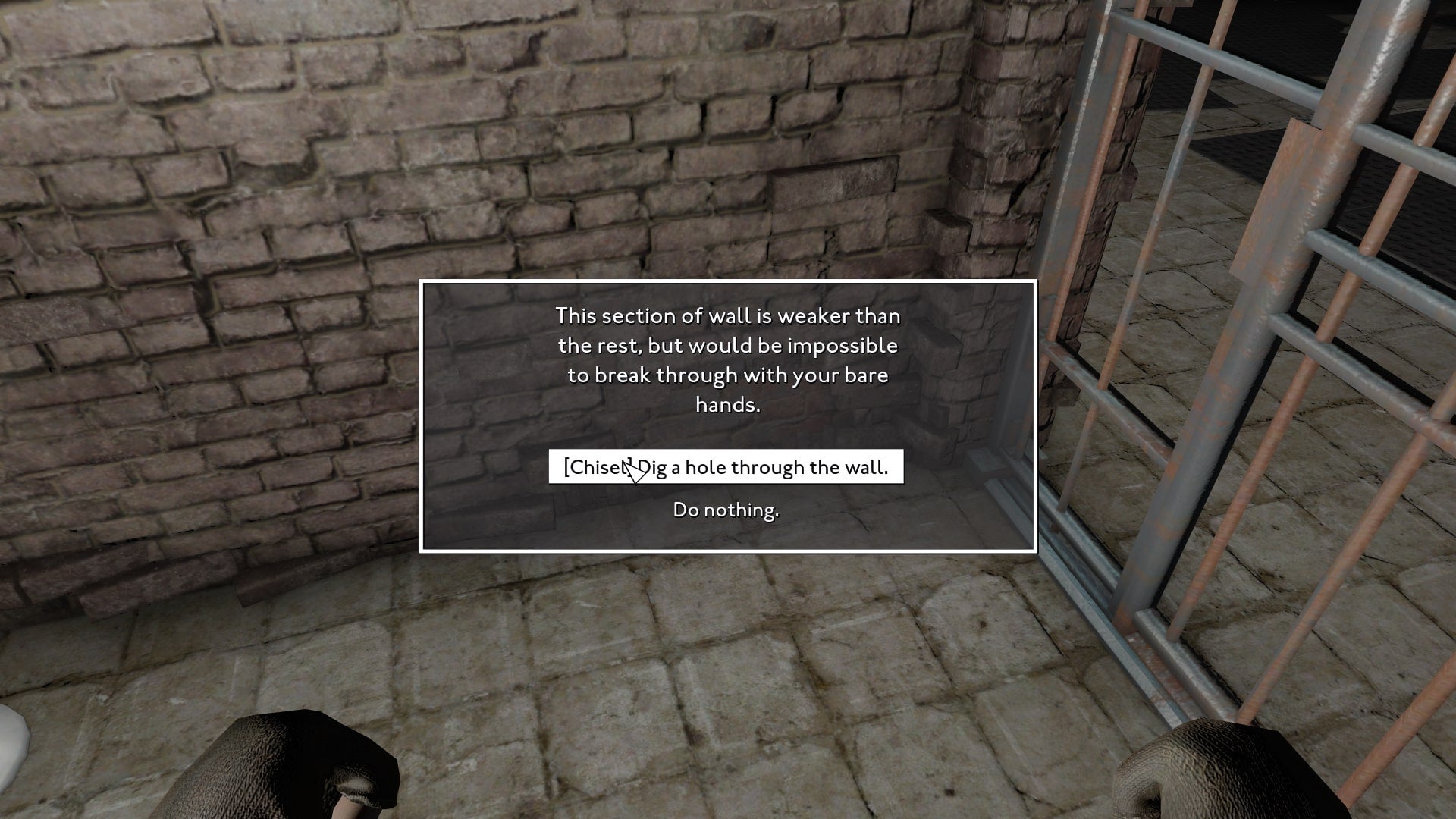 The player is given the option to chisel the wall of their prison cell in Fallout 4 mod, Fallout London - 5