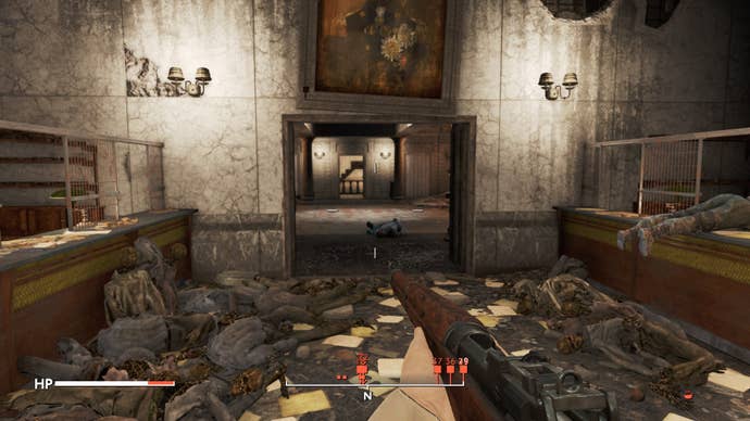 The player looks some opened double doors inside the Bank of England in Fallout 4 mod, Fallout London