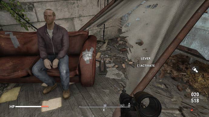 The player interacts with a lever at Miller's Men's hideout in Fallout 4 mod, Fallout London