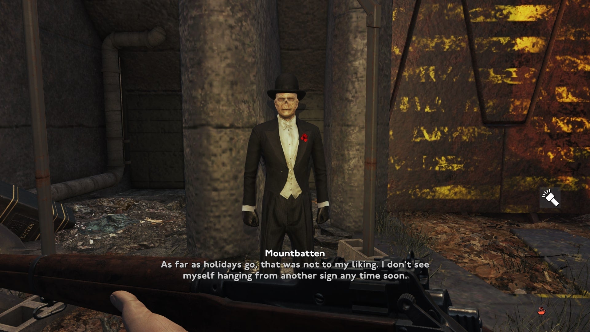 The player speaks with Arthur Mountbatten in front of Hackney Checkpoint in Fallout 4 mod, Fallout London - 1