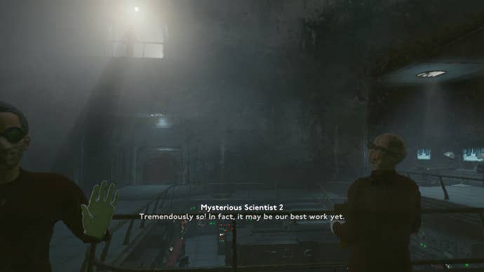 The player is being looked at by two Mysterious Scientists in Fallout 4 mod, Fallout London