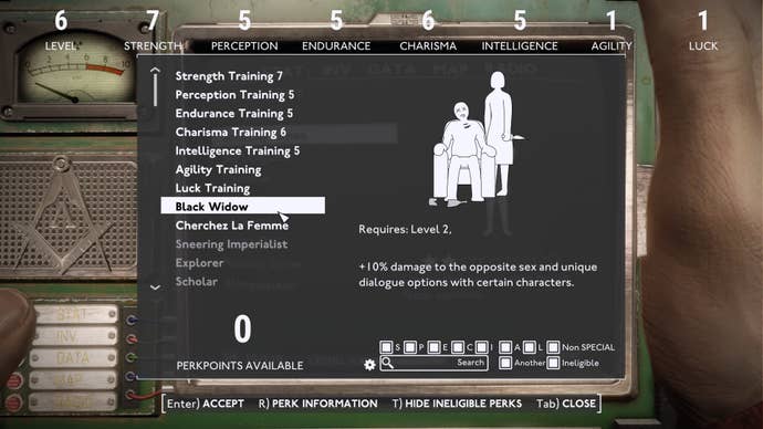 The Black Widow Perk is shown in the Perks menu in Fallout 4 mod, Fallout London
