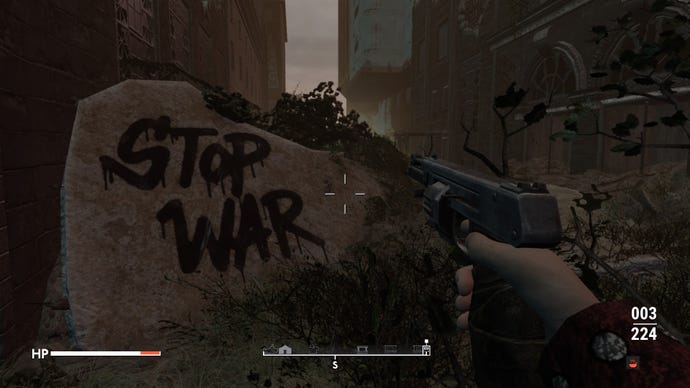 The player aims their weapon at a stone spray-painted with 'stop war' in Fallout 4 mod, Fallout London