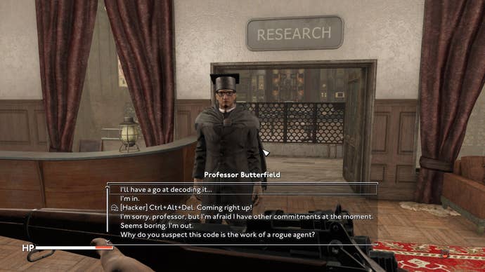 The player speaks with Professor Butterfield in the foyer of Westminster University in Fallout 4 mod, Fallout London