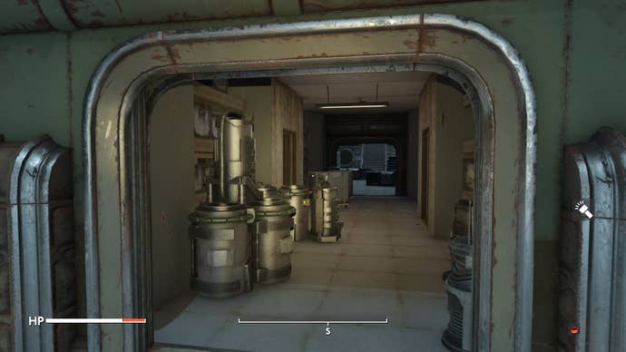 The player looks along a corridor in the Angel Lab in Fallout 4 mod, Fallout London