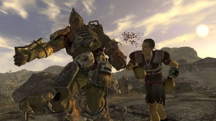 A Caesar's Legion soldier knocking out a super mutant in Fallout New Vegas.