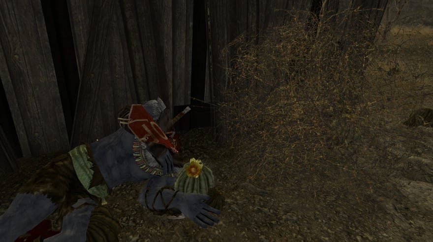 Windy the psychic tumbleweed sits next to her deceased ex-owner in a screenshot from a Fallout: New Vegas mod