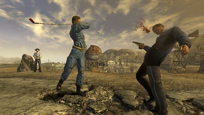 A screenshot of Fallout: New Vegas, showing the Courier killing an enemy with a gold club.