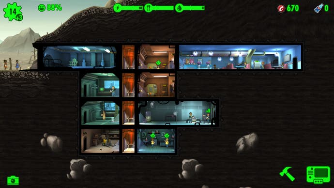 A screenshot of Fallout shelter, showing an ant-colony view of a Vault under construction.