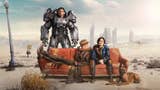 Promo shot for Amazon's Fallout show showing Maximus, Ghoul, Lucy and Dogmeat. Lucy and Ghoul are sitting on a tatty sofa (Ghoul with his legs up over the arm). Maximus stands behind and Dogmeat has a human hand in their mouth