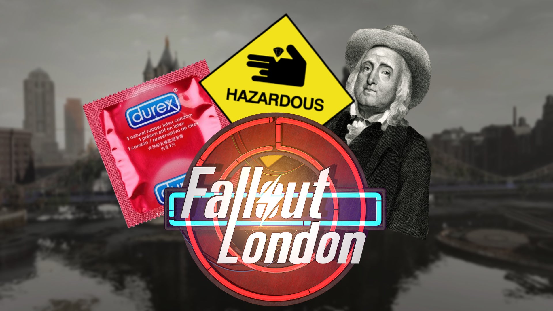 A condom and Jeremy Bentham among other things next to a Fallout: London logo. - 1