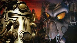 A composite image of the first two Fallout games' main armour; power armor from the Brotherhood of Steel and more bug-like armour from the Enclave.