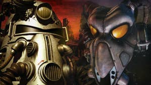 A composite image of the first two Fallout games' main armour; power armor from the Brotherhood of Steel and more bug-like armour from the Enclave.