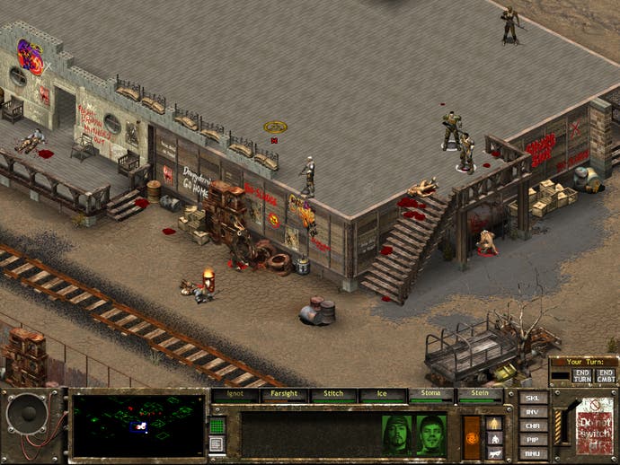 A screenshot of Fallout Tactics, showing a bloody assault on a gang of raiders from an isometric perspective.