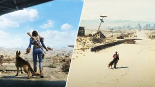 A split image; the lone wanderer and dog from Fallout 4 on the left, and the scientist and dog from Fallout TV series on the right.
