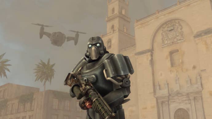 Screenshot of Fallout: Nuevo Mexico mod showing character in power armour stood before dusty Mexican palace
