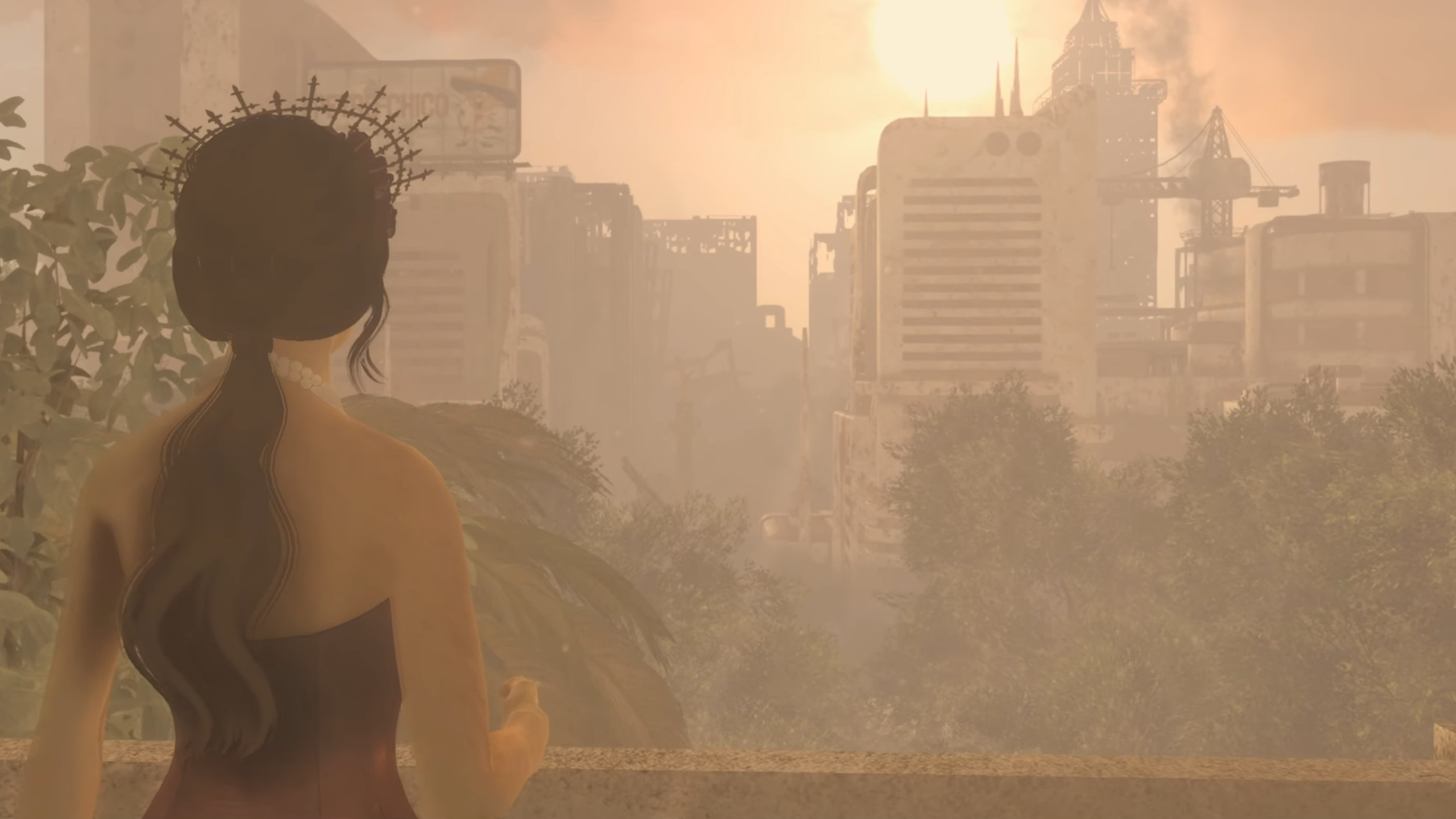 Fallout: Mexico trailer screenshot showing princess in red dress looking over sun-kissed ruins of Mexico City