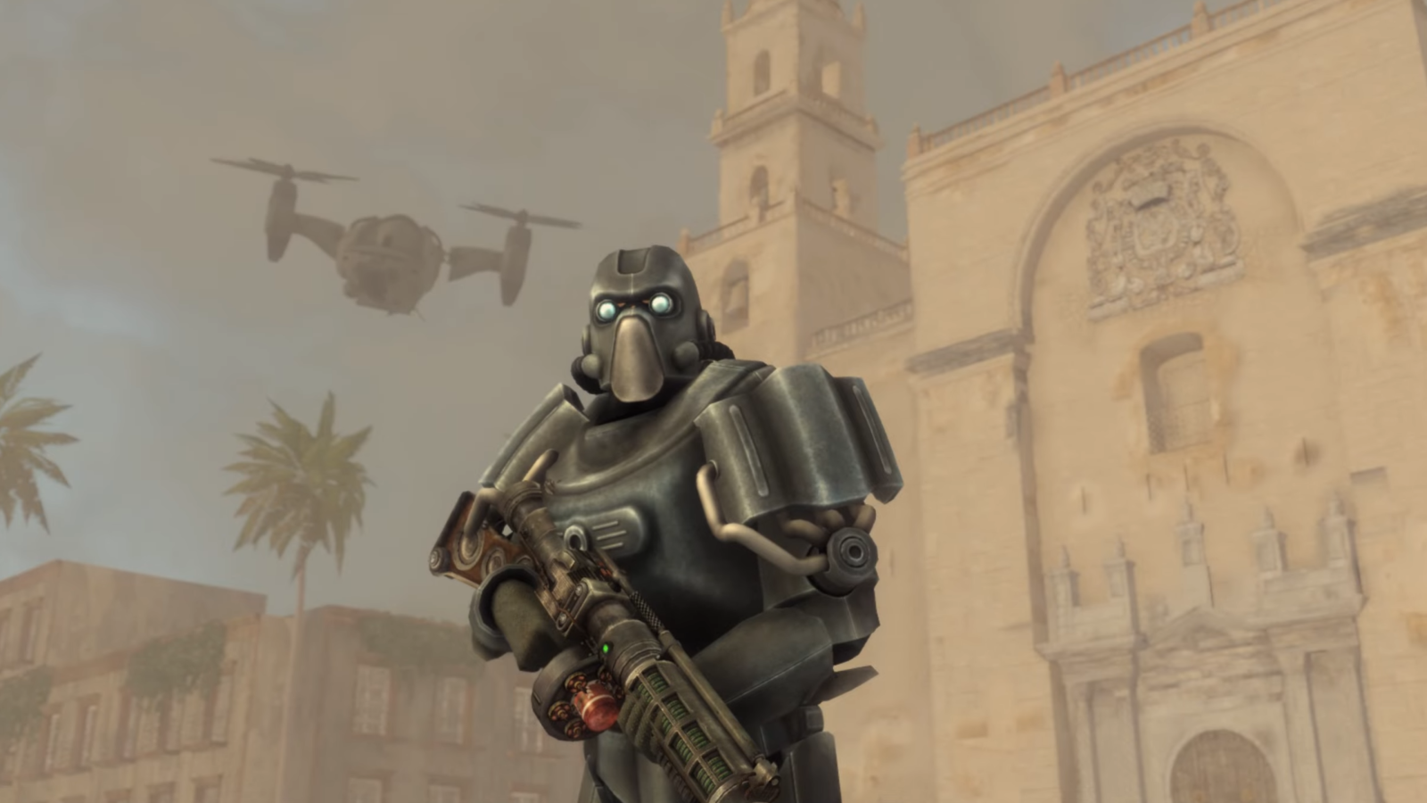 Screenshot of Fallout: Nuevo Mexico mod showing character in power armour stood before dusty Mexican palace