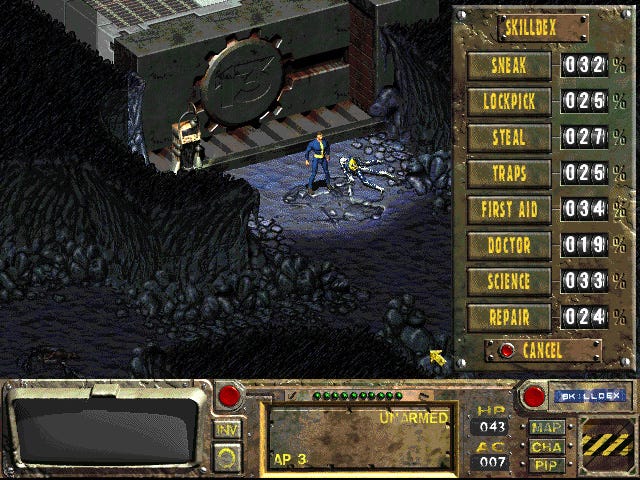 The player's character standing outside the Vault 13 hatch in a cave in the original Fallout