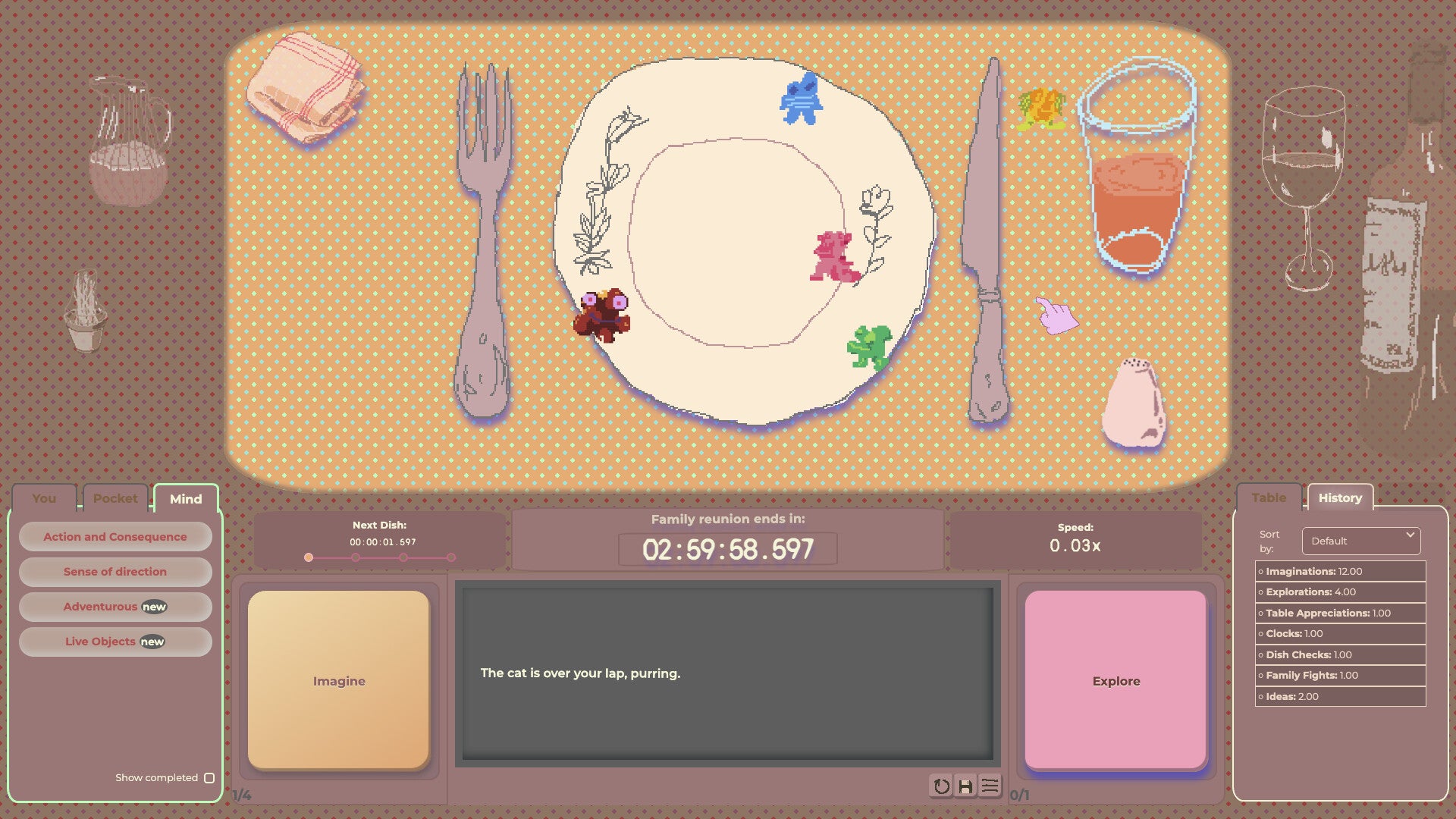 Imaginary aliens cover the table in Family Reunion.