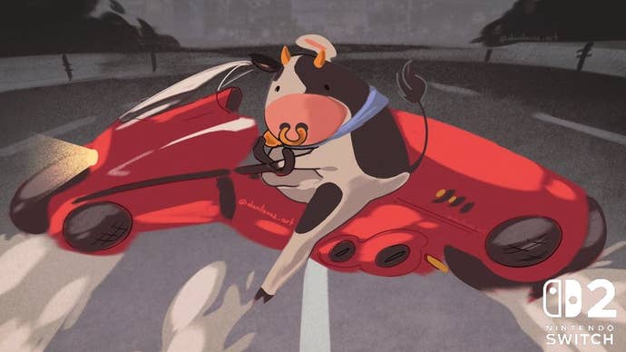 Fan art showing Mario Kart World’s cow doing the Arika slide