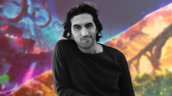 A black and white portrait of Josef Fares over the top of the split universes in Split Fiction.