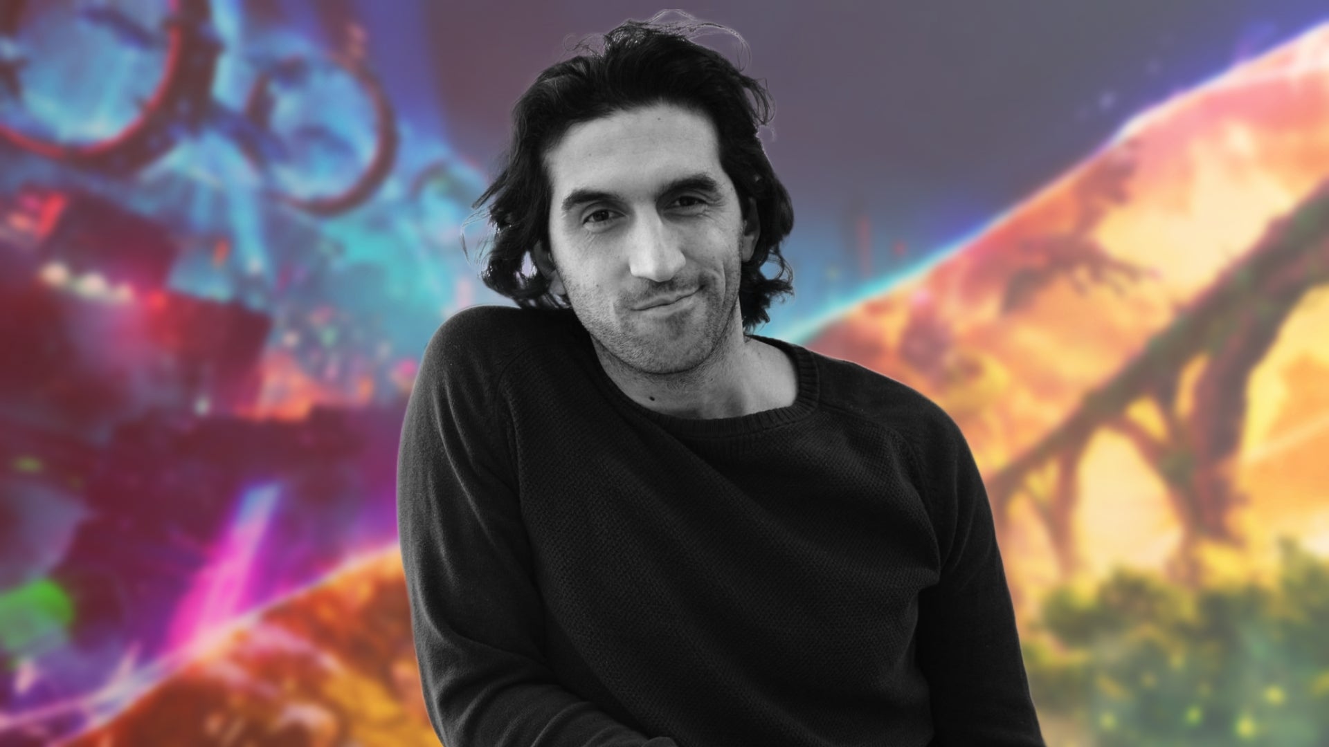 A black and white portrait of Josef Fares over the top of the split universes in Split Fiction. - 1