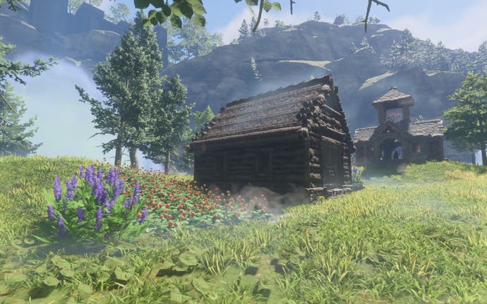 Enshrouded screenshot showing A wooden farm hut with crop fields next to it containing strawberries and indigo plants.