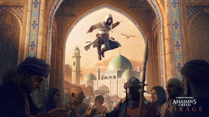 Key art for Assassin’s Creed Mirage showing the main assassin character leaping above a crowd